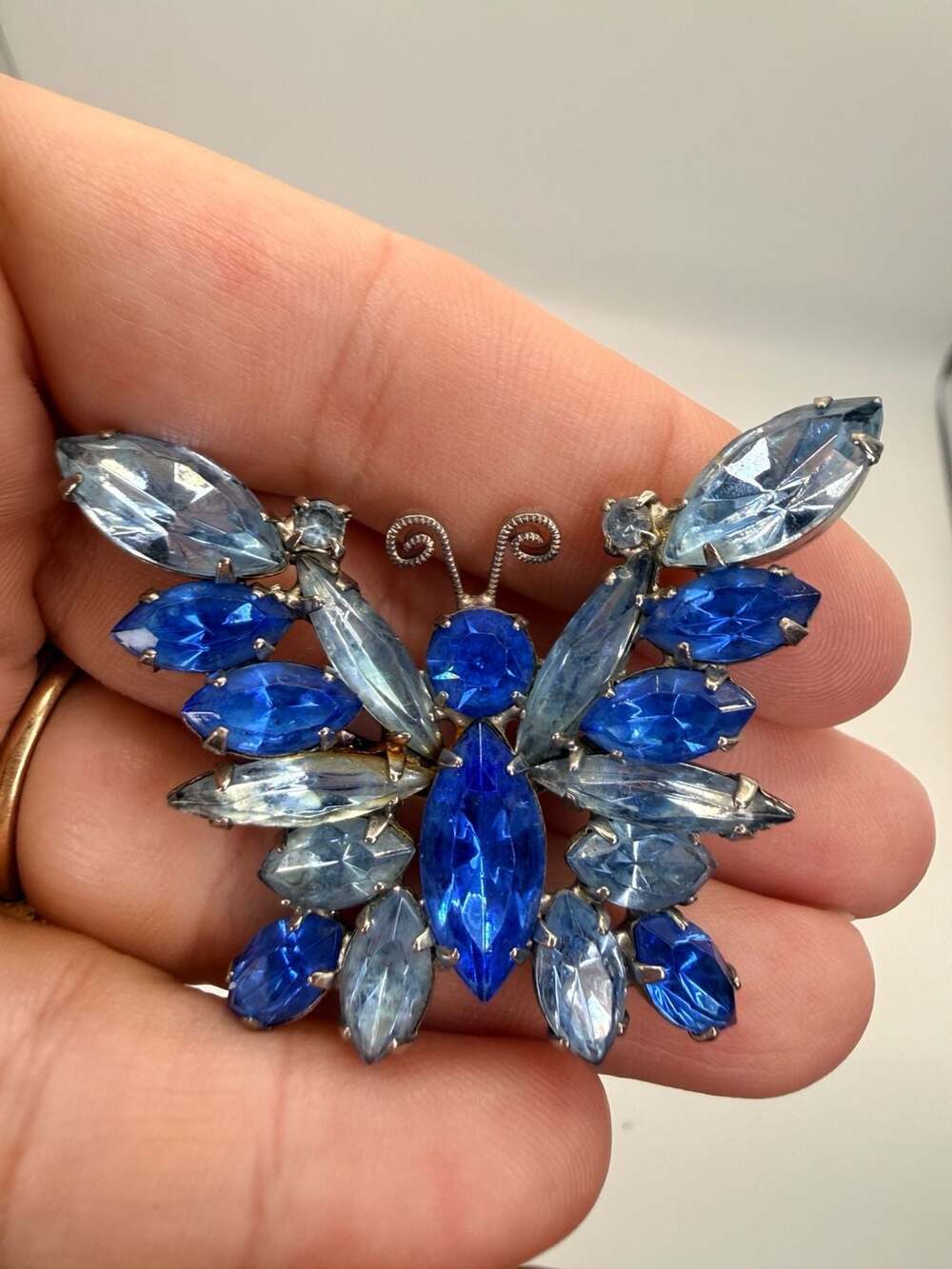 Vintage Blue Rhinestone Butterfly Brooch